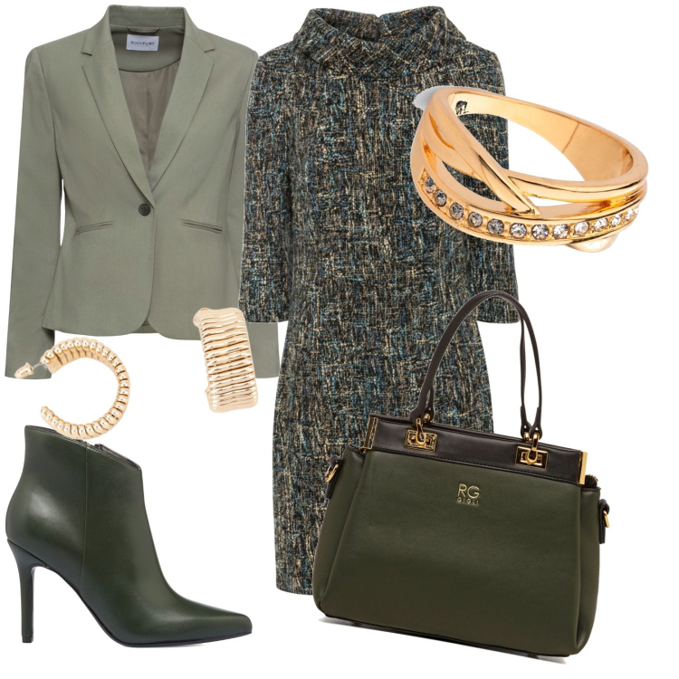 Outfit donna - Green glamour. Stile Minimal per Tutti i giorni. Abbinamento con blazer, vestiti a tubino, anelli, orecchini, borse a spalla, stivaletti.