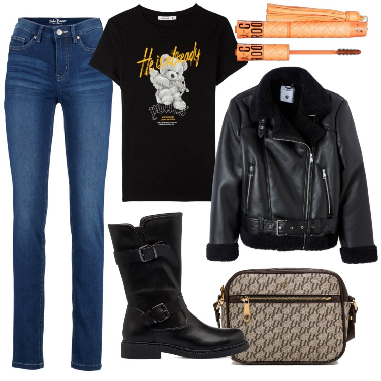 Outfit donna - Rock style. Stile Rock per Tutti i giorni. Abbinamento con jeans, mascara, t-shirt, ecopellicce, stivaletti, borse a tracolla.
