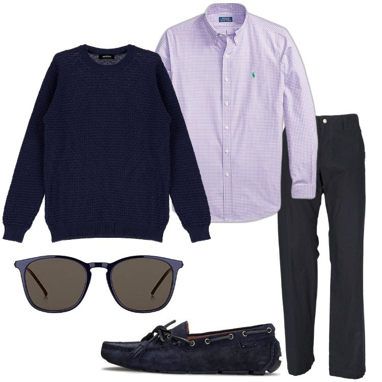 Outfit uomo - Camicia in ufficio. Stile Casual per Ufficio. Abbinamento con pantaloni, pullovers, scarpe stringate, camicie, occhiali da sole.