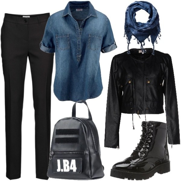 Outfit donna - Nero e jeans. Stile Urban per Tutti i giorni. Abbinamento con pantaloni, tuniche, sciarpina con frange blu, giubbotto collo tondo a maniche lunghe con zip interno foderato in pelle sintetica tinta unita, borsa, sciarpa taglia unica nero.