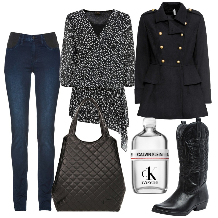 Outfit donna - Jeans e texani. Stile Boho per Tutti i giorni. Abbinamento con jeans skinny, bluse, cappotti, profumi, stivaletti texani, borse a spalla.