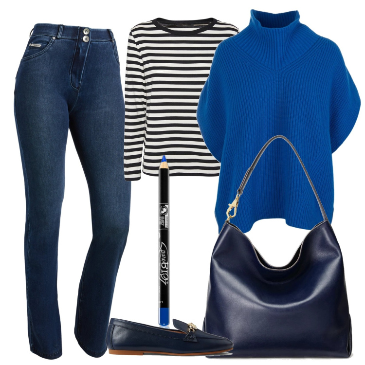 Outfit donna - Tutti i giorni casual con i jeans. Stile Casual per Tutti i giorni. Abbinamento con eyeliner, jeans skinny, borse a spalla, mocassini, maglieria, t-shirt.