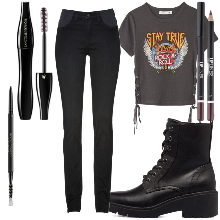 Outfit donna - Per le tue giornate ROCK. Stile Rock per Tutti i giorni. Abbinamento con jeans skinny, mascara, eyeliner, matite labbra, anfibi, t-shirt.
