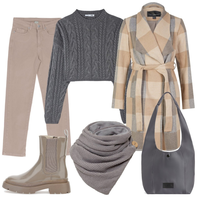 Outfit donna - I colori della terra. Stile Casual chic per Tutti i giorni. Abbinamento con foulard, cappotti, maglieria, borse a spalla, pantaloni capri, anfibi.
