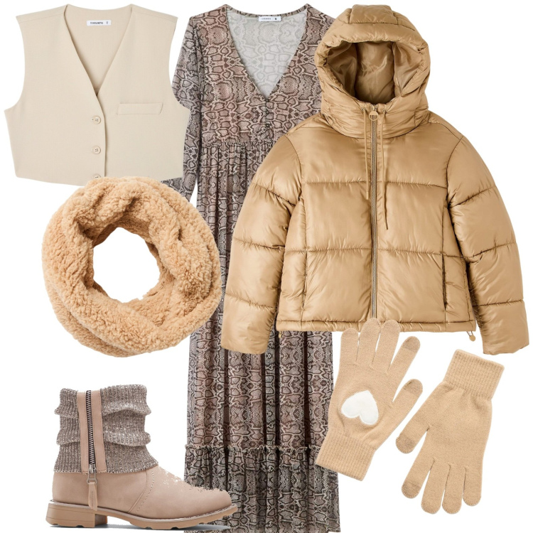Outfit donna - Bohemien con il freddo. Stile Casual per Tutti i giorni. Abbinamento con stivaletti, vestiti lunghi, piumini, guanti, gilet, sciarpe.