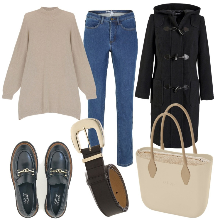 Outfit donna - Maxi pull beige. Stile Casual per Ufficio. Abbinamento con montgomery, jeans, pullovers, cinture, mocassini, borse a spalla.