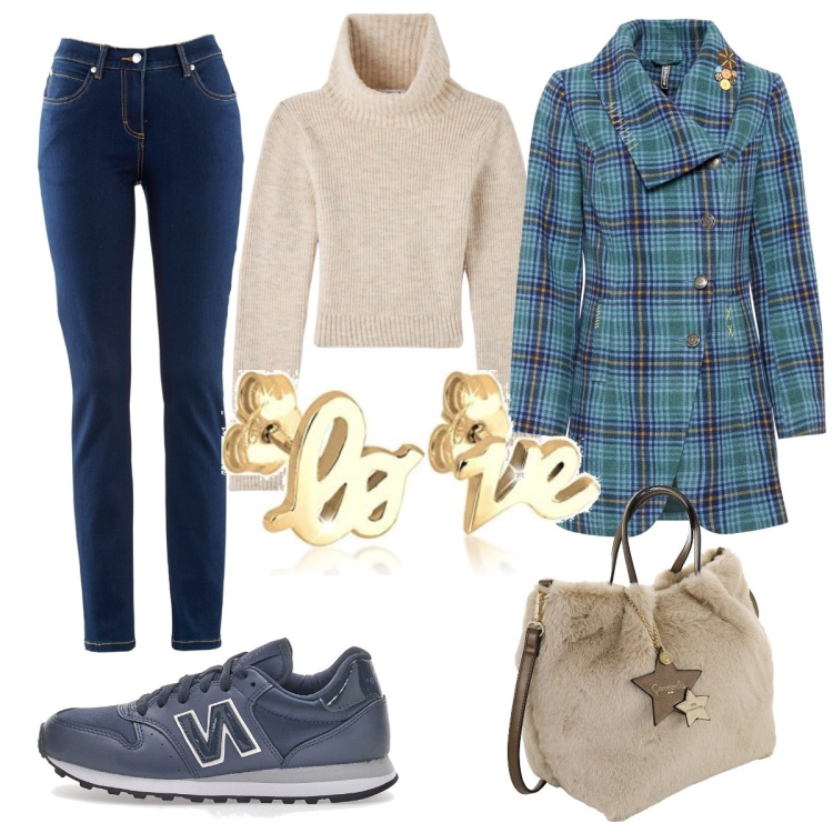 Outfit donna - Love e stelle. Stile Casual per Tutti i giorni. Abbinamento con jeans dritti, cappotti, maglieria, sneakers, borse a mano, orecchini.
