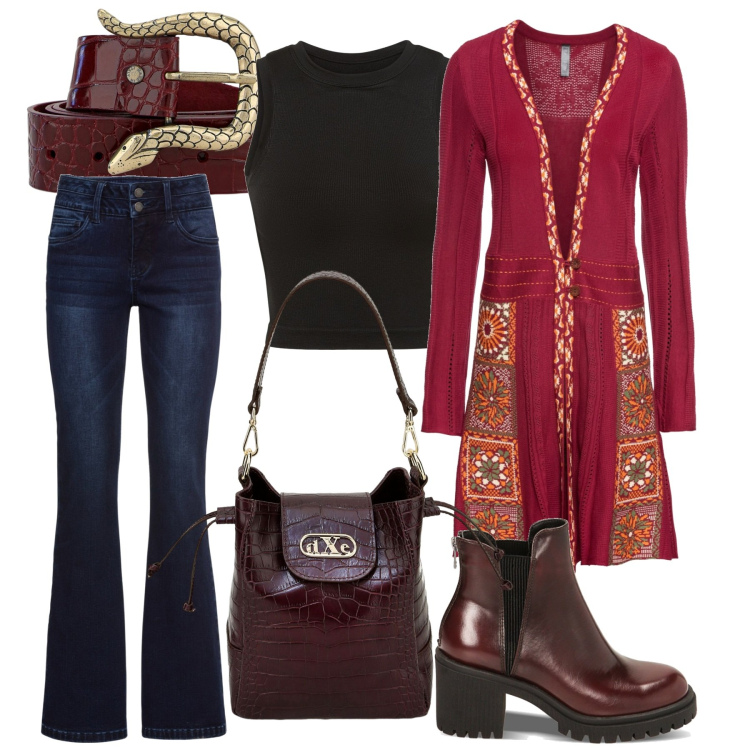 Outfit donna - Vagamente folk. Stile Casual chic per Tutti i giorni. Abbinamento con jeans bootcut, cardigans, stivaletti chelsea, cinture, borse a secchiello, canottiere.