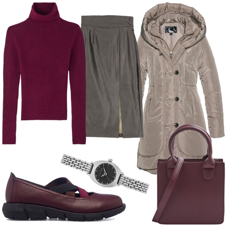 Outfit donna - Ciclamino e grigio. Stile Casual per Tutti i giorni. Abbinamento con blazer, maglieria, shopping bag, gonne longuette, ballerine, orologi.