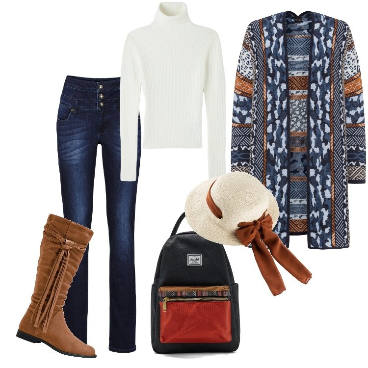 Outfit donna - C\'è un po\' di sole - novembre. Stile Boho per Tutti i giorni. Abbinamento con cappelli, cardigans, jeans skinny, stivali sopra il ginocchio, maglieria, zaini.