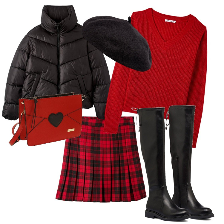 Outfit donna - Preppy in Red e cuissardes. Stile Preppy per Scuola/Università. Abbinamento con minigonne, piumini, maglieria, stivali, cappelli e berretti, borse a tracolla.