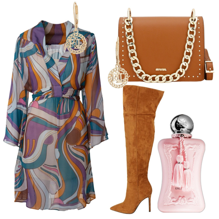 Outfit donna - Total look #1755353. Stile Trendy per Serata fuori. Abbinamento con profumi, pochette, stivali, orecchini, vestiti.