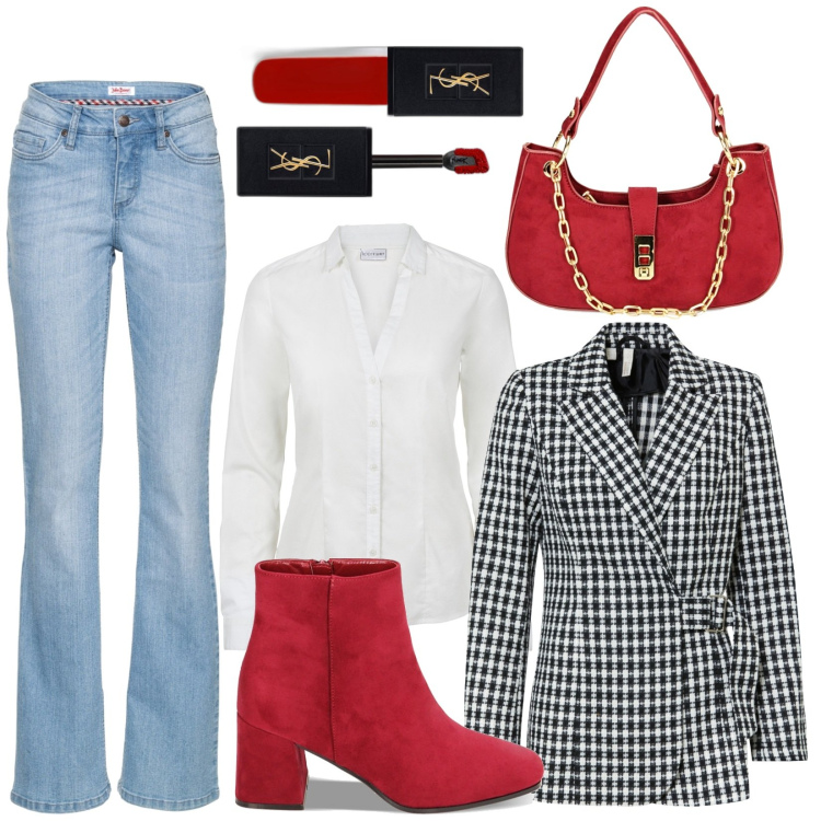 Outfit donna - Trendissima. Stile Trendy per Tutti i giorni. Abbinamento con camicie, jeans bootcut, blazer, rossetti, stivaletti, borse a spalla.