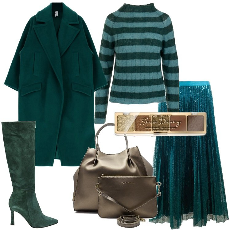 Outfit donna - Verde scuro, verde inglese splendido. Stile Trendy per Tutti i giorni. Abbinamento con ombretti, cappotti, stivali, gonne, maglieria, borse a mano.