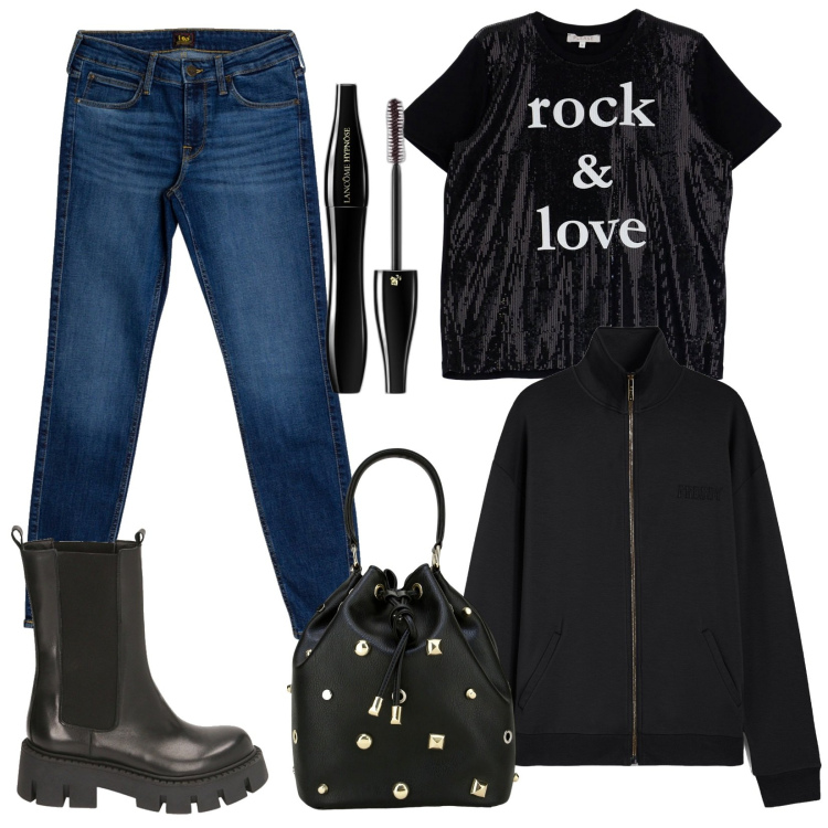 Outfit donna - Rock & love. Stile Rock per Tutti i giorni. Abbinamento con mascara, t-shirt, stivaletti chelsea, felpe, borse a secchiello, jeans skinny.