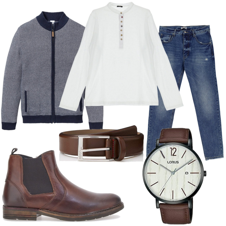 Outfit uomo - Mi vesto comodo tutti i giorni. Stile Casual per Tutti i giorni. Abbinamento con cardigans, camicie, jeans dritti, orologi, cinture, stivali e stivaletti.