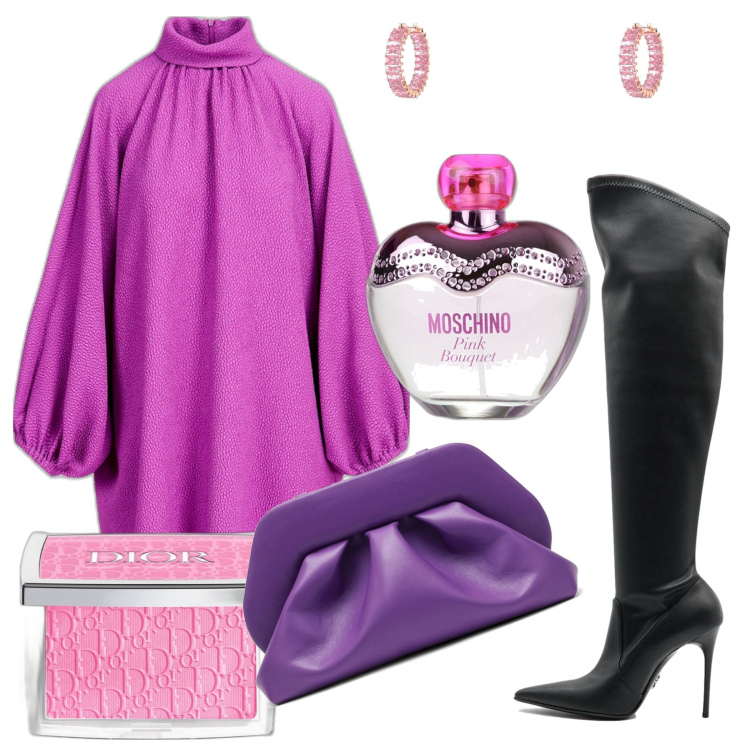 Outfit donna - Tacco a spillo. Stile Chic per Serata fuori. Abbinamento con profumi, blush, vestiti corti, clutch, orecchini, stivali.