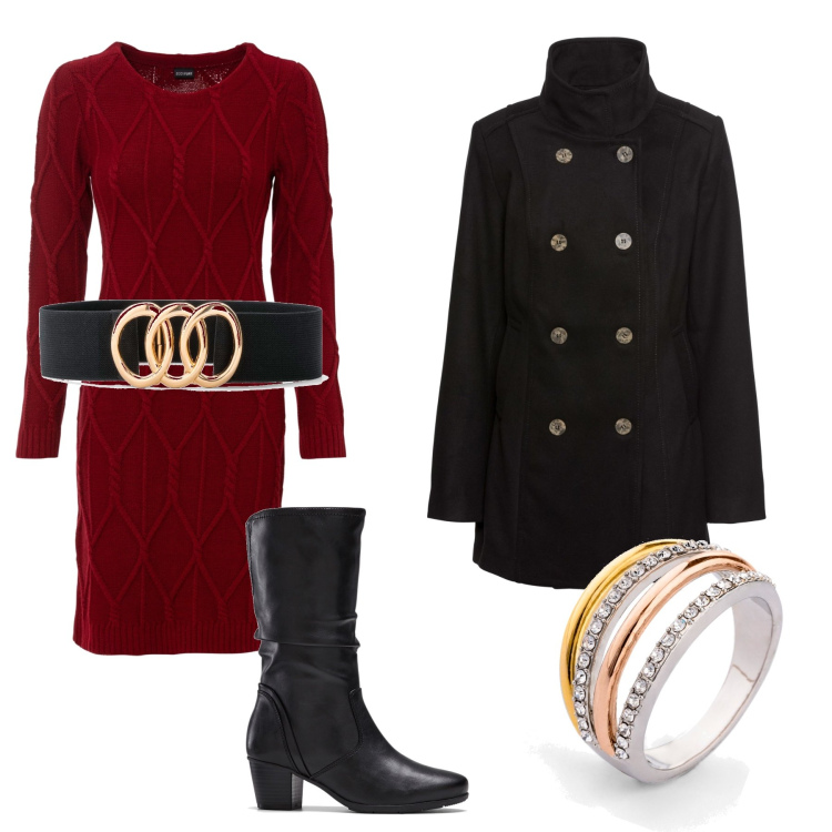Outfit donna - Bonprix donna. Stile Casual chic per Ufficio. Abbinamento con cinture, stivali, vestiti, caban, anelli.