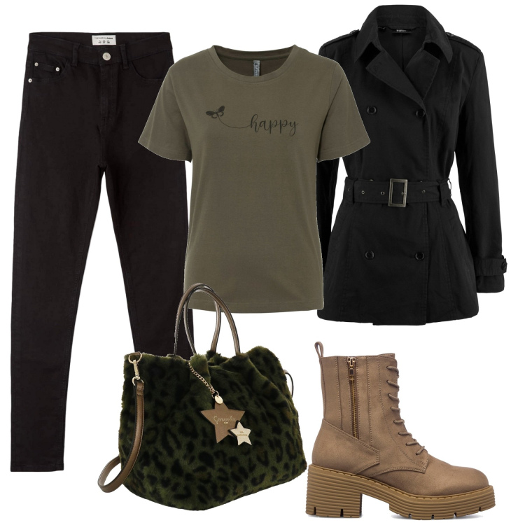 Outfit donna - Borsa Teddy Leopardata. Stile Military per Tutti i giorni. Abbinamento con t-shirt, trench, jeans skinny, anfibi, borse a mano.