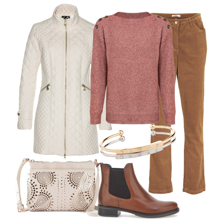 Outfit donna - Il pullover con bottoni. Stile Casual per Tutti i giorni. Abbinamento con blazer, maglieria, pantaloni, braccialetti, maglieria, stivaletti chelsea.