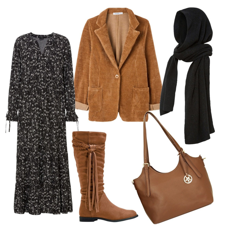 Outfit donna - Bohemien invernale. Stile Boho per Tutti i giorni. Abbinamento con sciarpe, vestiti lunghi, stivali sopra il ginocchio, cappotti, borse a spalla.