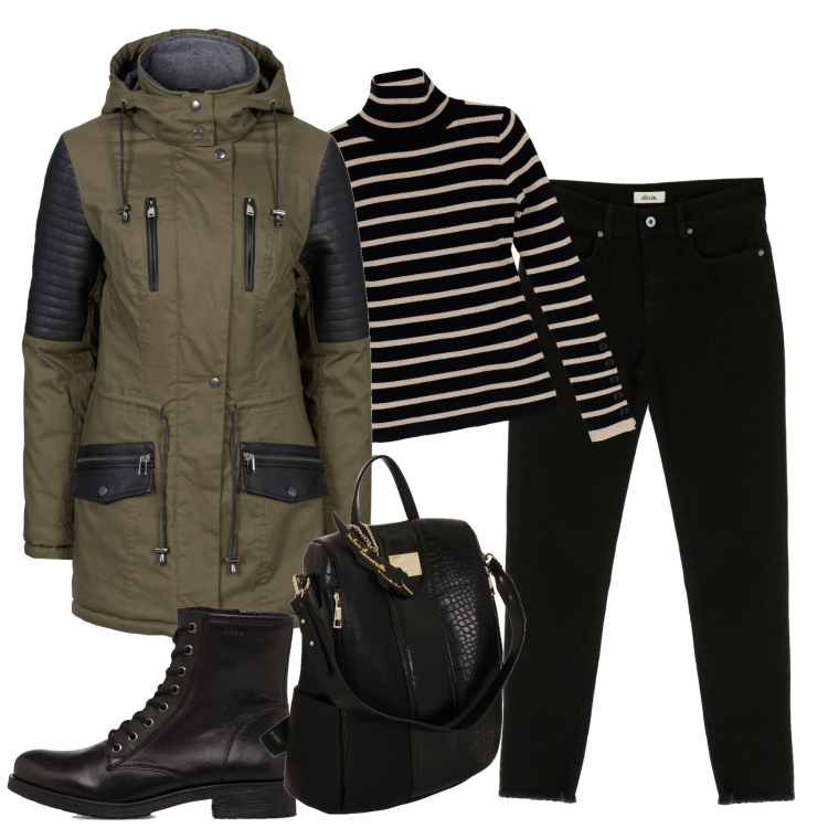Outfit donna - In città. Stile Basic per Tutti i giorni. Abbinamento con parka, maglieria, pantaloni, anfibi, zaini.