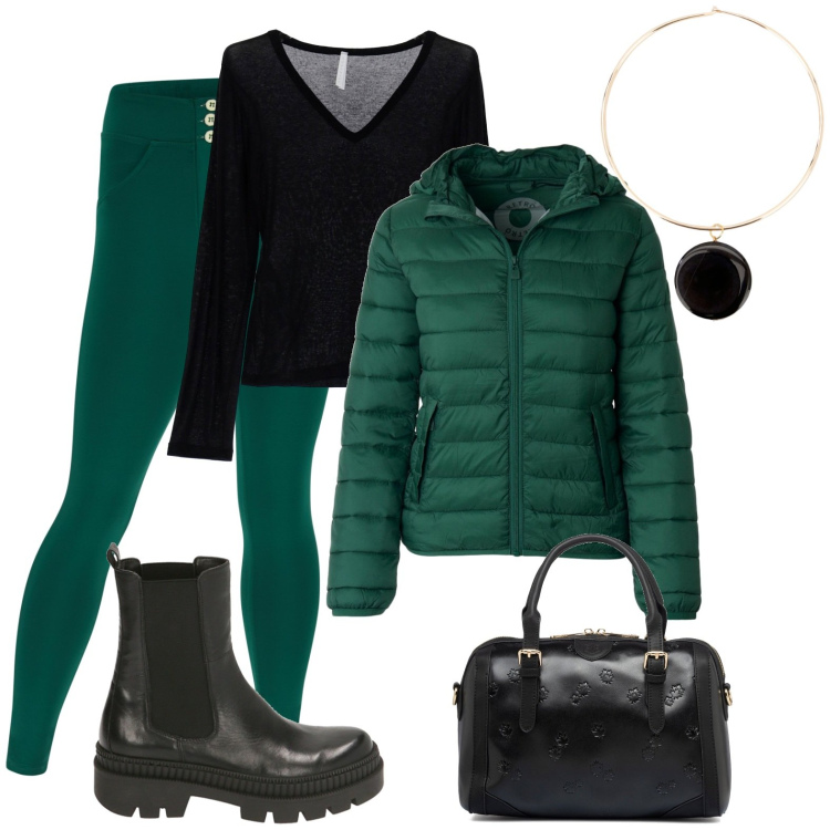 Outfit donna - Inverno in verde scuro. Stile Sporty chic per Tutti i giorni. Abbinamento con t-shirt, stivaletti chelsea, pantaloni skinny, ciondoli, borse a mano, giacche.