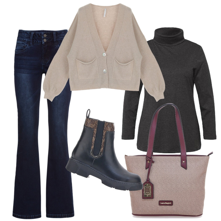 Outfit donna - Il jeans scuro. Stile Casual per Tutti i giorni. Abbinamento con jeans bootcut, cardigans, stivaletti chelsea, magliette intime, borse a spalla.