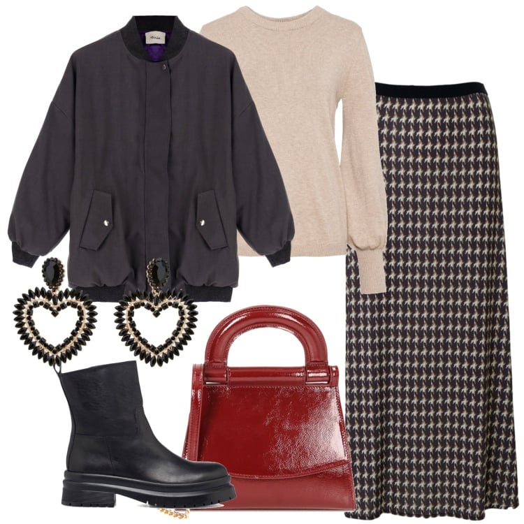 Outfit donna - La gonna lunga. Stile Urban per Tutti i giorni. Abbinamento con maglieria, cappotti, orecchini, borse a mano, stivaletti, gonne.