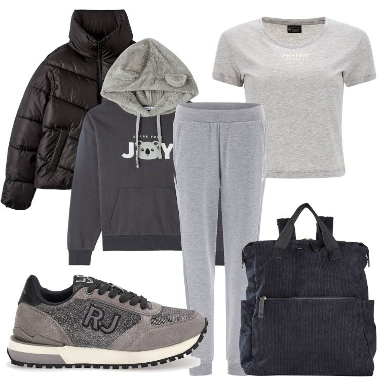 Outfit donna - Vado al supermercato. Stile Casual per Tutti i giorni. Abbinamento con zaini, piumini, felpe con cappuccio, t-shirt, pantaloni, sneakers.