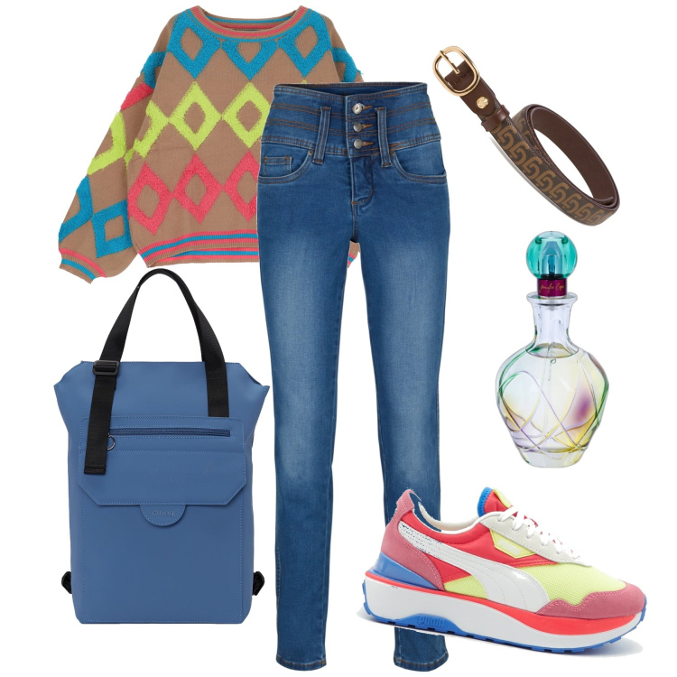 Outfit donna - Il jeans a vita alta. Stile Basic per Tutti i giorni. Abbinamento con jeans, profumi, felpe, cinture, sneakers, zaini.