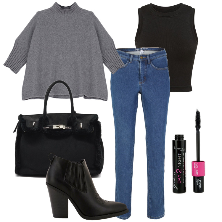 Outfit donna - Il jeans regular. Stile Casual chic per Ufficio. Abbinamento con jeans, mascara, maglieria, stivaletti, borse a mano, canottiere.