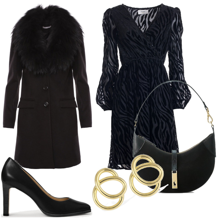 Outfit donna - Invito ad una serata chic. Stile Glamour per Serata fuori. Abbinamento con vestiti midi/longuette, cappotti, borse a spalla, décolleté, orecchini.
