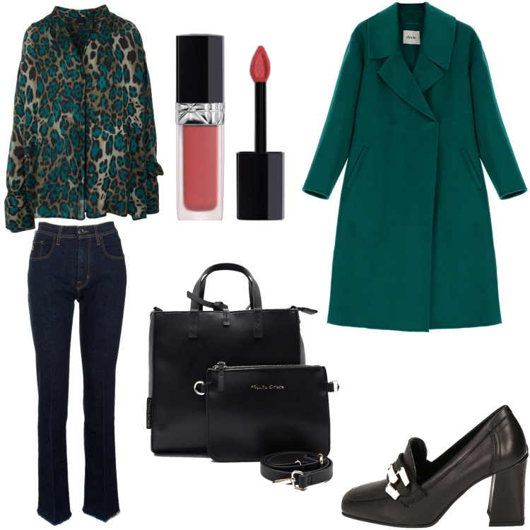 Outfit donna - Verde scuro e nero. Stile Trendy per Tutti i giorni. Abbinamento con rossetti, mocassini, cappotti, bluse, borse a mano, jeans dritti.