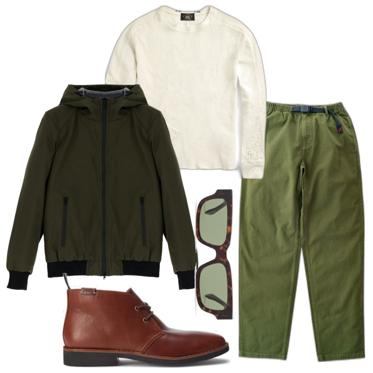 Outfit uomo - In verde. Stile Urban per Tutti i giorni. Abbinamento con cappotti, pantaloni, maglieria, stivali e stivaletti, occhiali da sole.