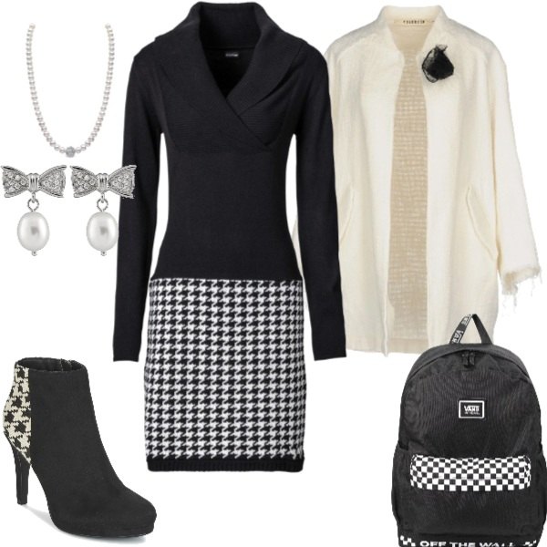 Outfit donna - Pied de poule. Stile Trendy per Ufficio. look ideale per Petite. Abbinamento con vestiti, soprabito con spilla e frange scollatura profonda a maniche lunghe interno sfoderato in cotone jacquard, borsa, stivaletti nero, collana con perle argento e bianco, orecchini in argento 925 bianco.