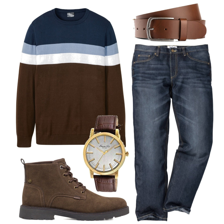 Outfit uomo - Marrone caldo. Stile Casual per Tutti i giorni. Abbinamento con jeans dritti, cinture, maglieria, anfibi, orologi analogici.