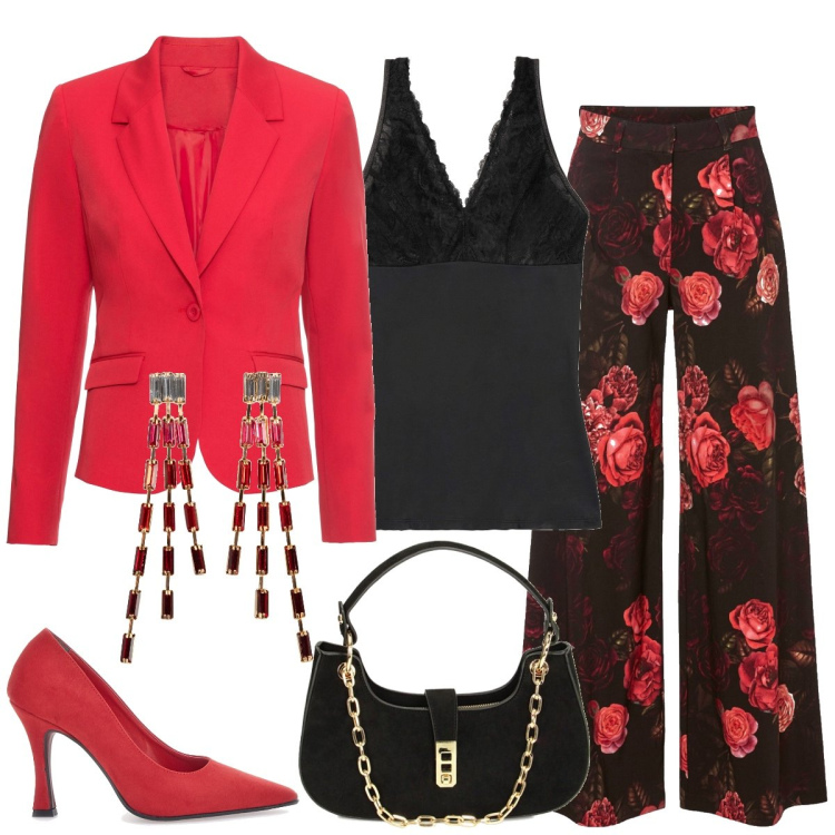 Outfit donna - Serata fuori. Stile Chic per Serata fuori. Abbinamento con top, orecchini, pantaloni, blazer, borse a spalla, décolleté.