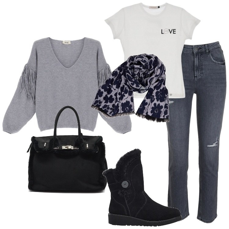 Outfit donna - Frange e Fiori - Novembre. Stile Boho per Tutti i giorni. Abbinamento con stivali, t-shirt, maglieria, jeans, borse a mano, sciarpe.