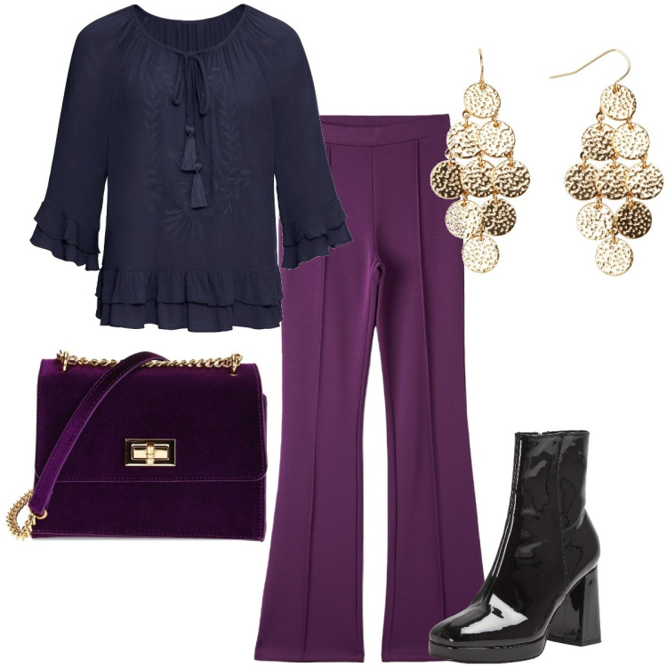 Outfit donna - La blusa bohemien. Stile Boho per Serata fuori. Abbinamento con tuniche, orecchini, pantaloni, stivaletti, borse a tracolla.