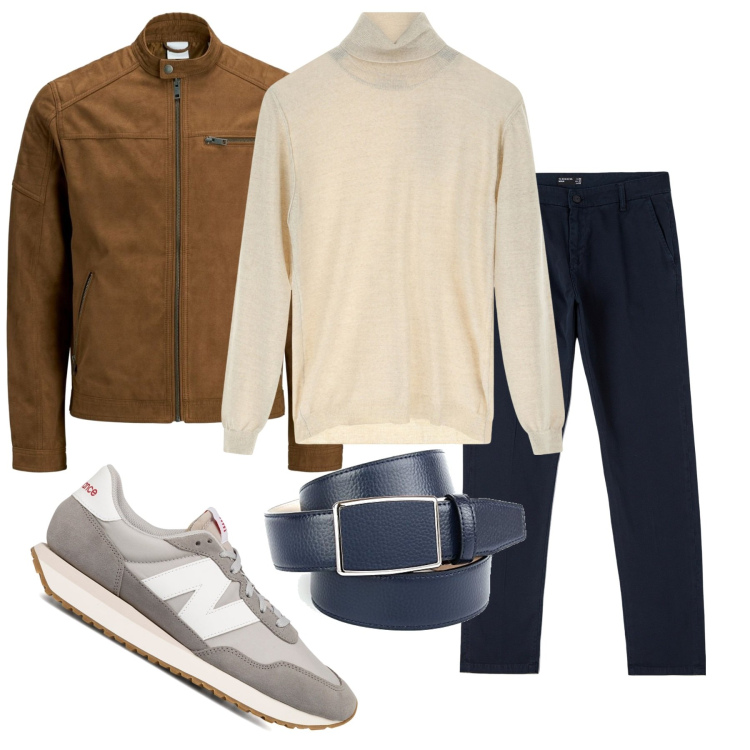 Outfit uomo - Blu e beige. Stile Casual per Tutti i giorni. Abbinamento con maglieria, sneakers, cappotti, pantaloni chino, cinture.