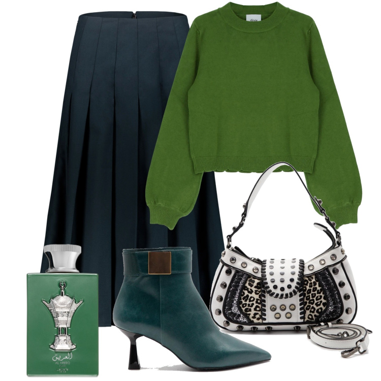 Outfit donna - Total look #1755582. Stile Bon Ton per Ufficio. Abbinamento con profumi, pullovers, gonne longuette, borse a spalla, stivaletti.