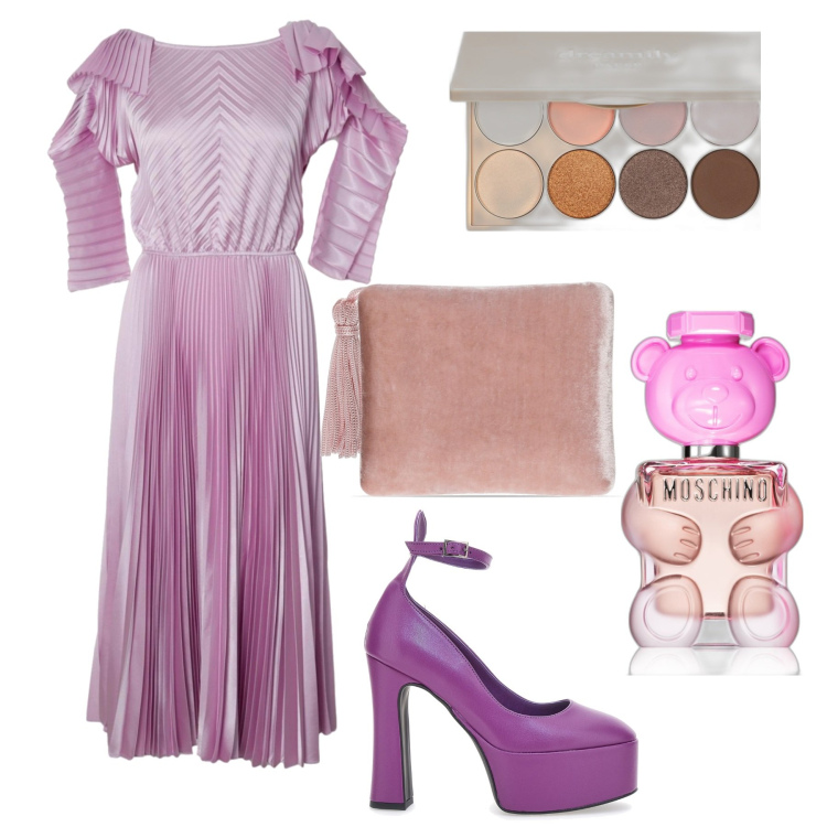 Outfit donna - Plissé. Stile Chic per Cerimonia. Abbinamento con profumi, ombretti, pochette, décolleté, vestiti lunghi.