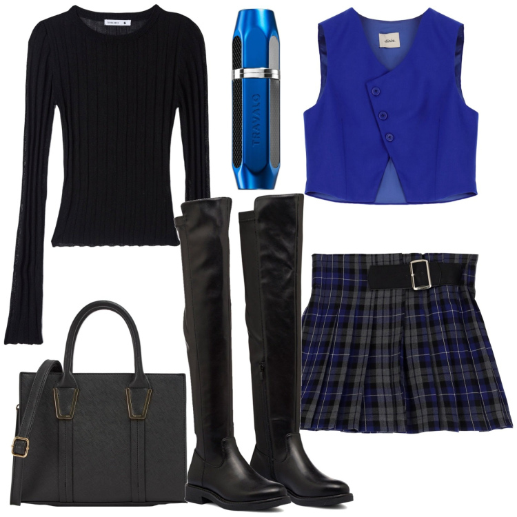 Outfit donna - Preppy con gli stivali alti. Stile Preppy per Scuola/Università. Abbinamento con profumi, shopping bag, maglieria, stivali sopra il ginocchio, minigonne, gilet.