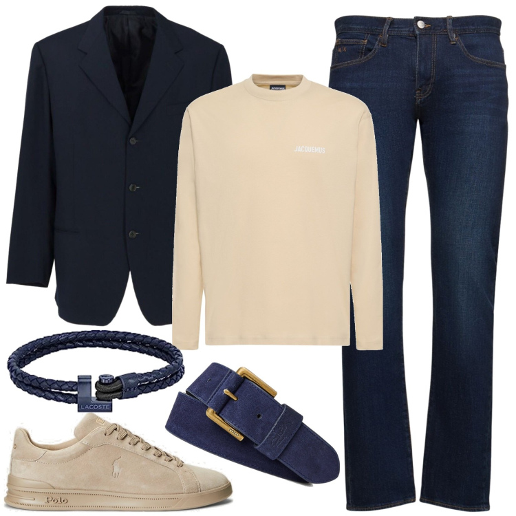 Outfit uomo - Casual chic, blu e beige. Stile Casual per Tutti i giorni. Abbinamento con giacche, sneakers, cinture, jeans slim fit, t-shirt, braccialetti.
