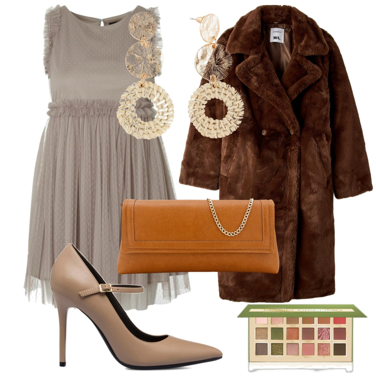 Outfit donna - Fur coat. Stile Chic per Serata fuori. Abbinamento con orecchini, ombretti, ecopellicce, pochette, décolleté, vestiti.