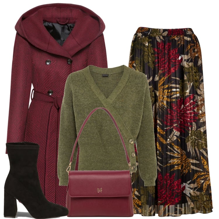 Outfit donna - La gonna fantasia. Stile Romantica per Tutti i giorni. Abbinamento con maglieria, cappotti, gonne lunghe, stivaletti, borse a tracolla.