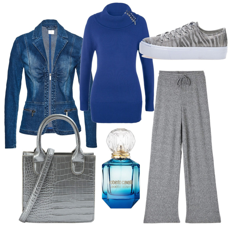 Outfit donna - Weekend di relax. Stile Casual per Tutti i giorni. Abbinamento con blazer, maglieria, profumi, pantaloni, shopping bag, sneakers.