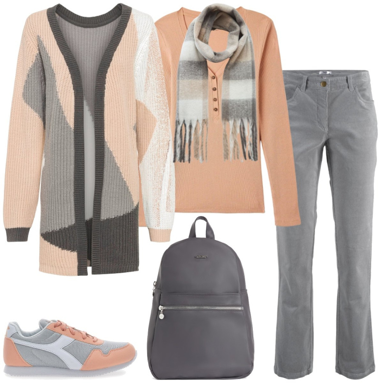 Outfit donna - Università. Stile Casual per Scuola/Università. Abbinamento con cardigans, pantaloni, sciarpe, maglieria, zaini, sneakers.