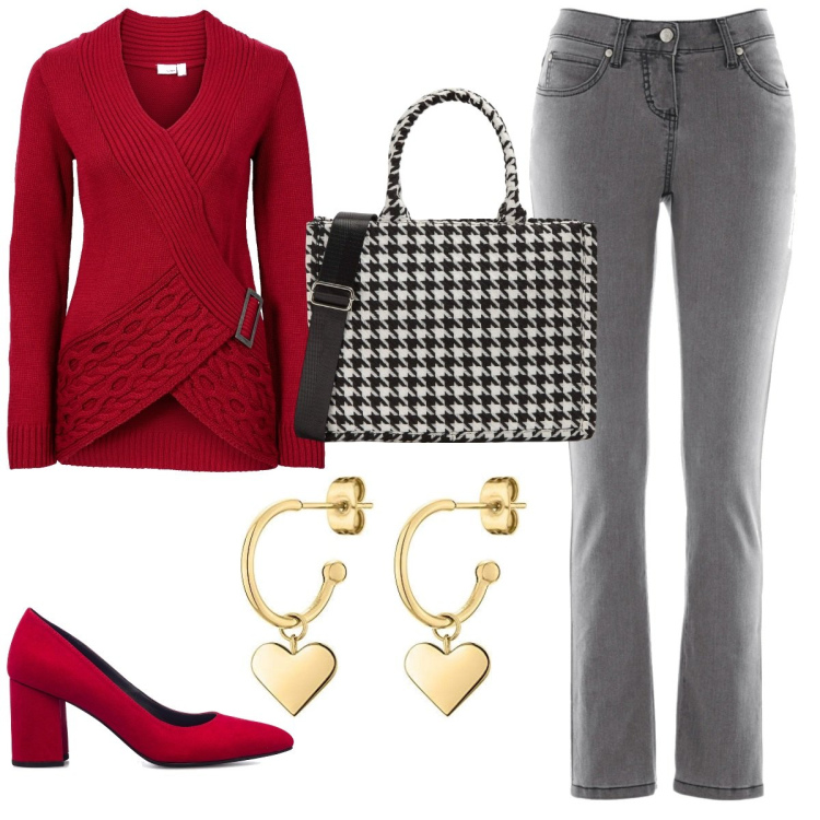 Outfit donna - Rosso in ufficio. Stile Glamour per Ufficio. look ideale per Tall. Abbinamento con jeans slim fit, maglieria, shopping bag, décolleté, orecchini.